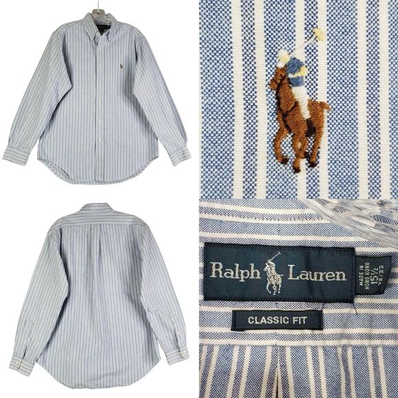 Polo Ralph Lauren Shirt Striped Oxford LS Button Down Blue Mens Medium M 15.5 - Picture 1 of 10